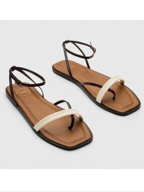 ATP Atelier Miane Flat Sandals Size 39 9 Walnut Brown Ecru Leather Italy NEW